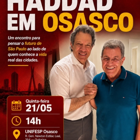 Fernando Haddad e Emidio de Souza participam de encontro em Osasco para debater o futuro de São Paulo e os desafios das cidades da região metropolitana.

Crédito: Emídio de Souza (Redes Sociais/Reprodução)