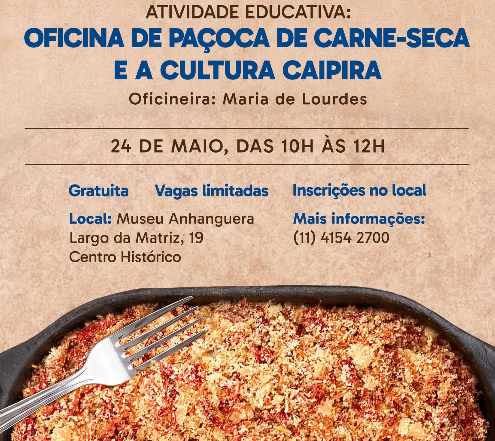 Museu Anhanguera recebe oficina especial de paçoca de carne-seca durante a Semana Nacional de Museus, valorizando a cultura caipira e as tradições gastronômicas de Santana de Parnaíba.

Crédito: Prefeitura De Santana De Parnaíba (Redes Sociais/ Reprodução)