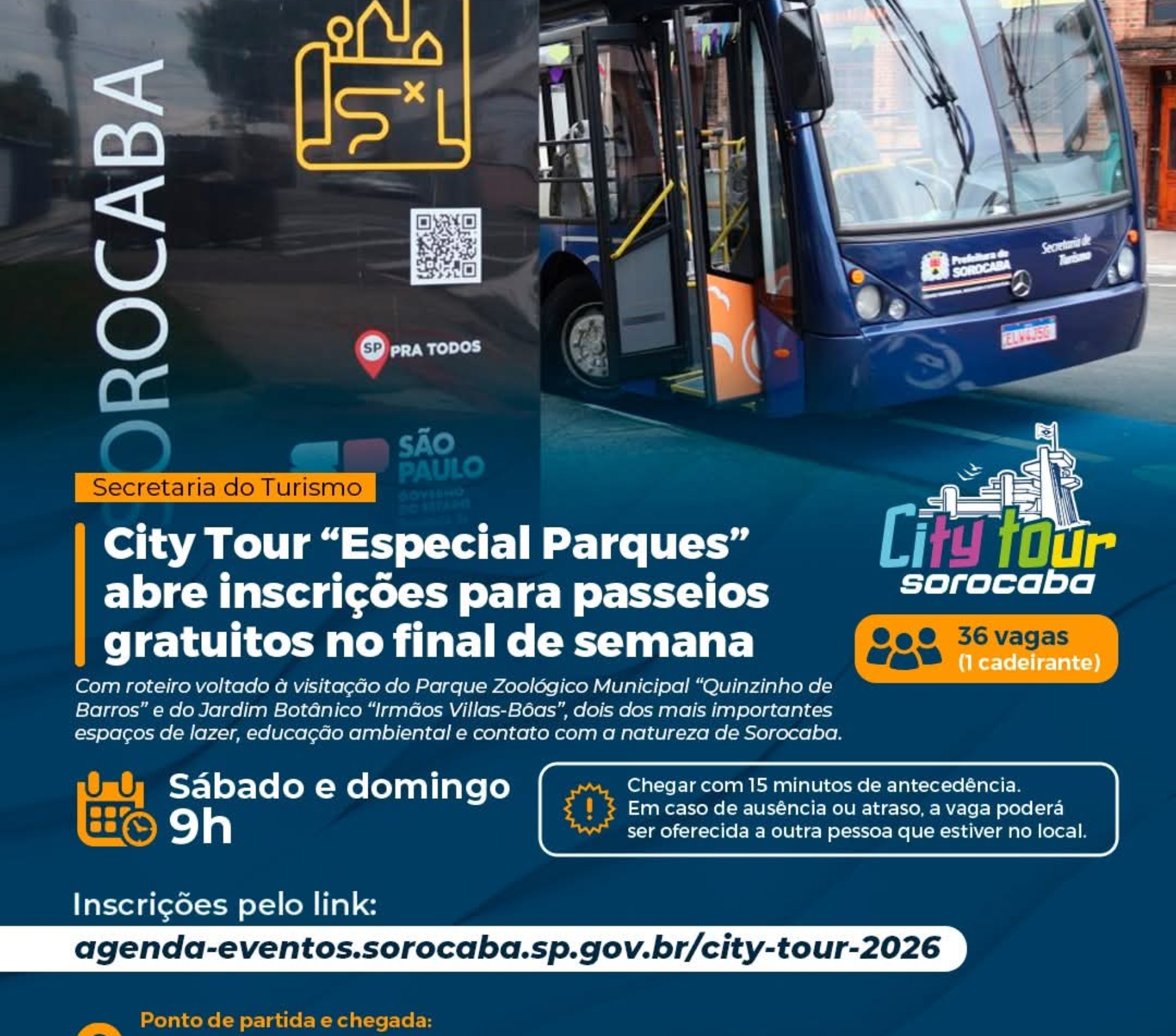 City Tour “Especial Parques” leva moradores e turistas para uma experiência gratuita de lazer, turismo e contato com a natureza em Sorocaba.

Crédito: Prefeitura De Sorocaba (Redes Sociais/Reprodução)