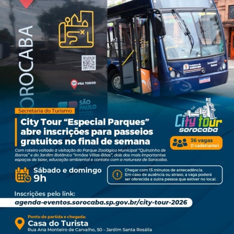 City Tour “Especial Parques” leva moradores e turistas para uma experiência gratuita de lazer, turismo e contato com a natureza em Sorocaba.

Crédito: Prefeitura De Sorocaba (Redes Sociais/Reprodução)