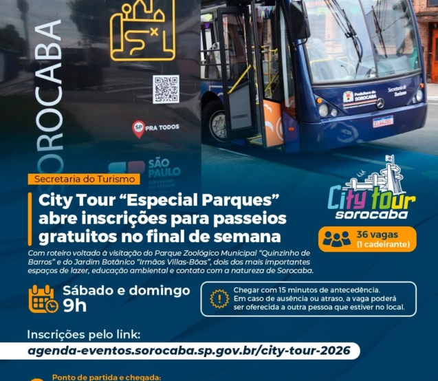 City Tour “Especial Parques” leva moradores e turistas para uma experiência gratuita de lazer, turismo e contato com a natureza em Sorocaba.

Crédito: Prefeitura De Sorocaba (Redes Sociais/Reprodução)