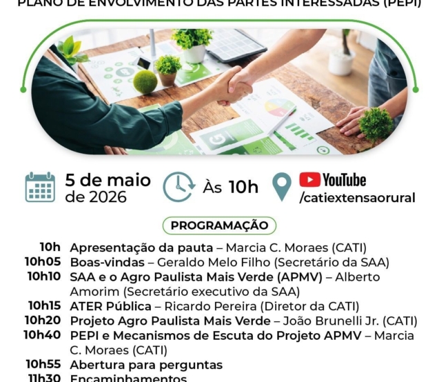 Evento on-line apresenta diretrizes de governança e escuta ativa para o novo ciclo de desenvolvimento rural sustentável em São Paulo

Crédito: Divulgação