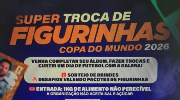 A Super Troca de Figurinhas da Copa do Mundo 2026 promete reunir famílias, colecionadores e apaixonados por futebol em um dia de muita diversão, interação, solidariedade e clima de Copa no Ginásio José Liberatti.
Crédito: Divulgação