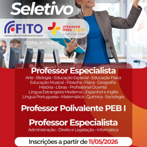 Cadastro reserva contempla especialistas, PEB I e áreas técnicas; inscrições começam em 11 de maio.

Crédito:  Instituto Mais (Redes Sociais / Reprodução)