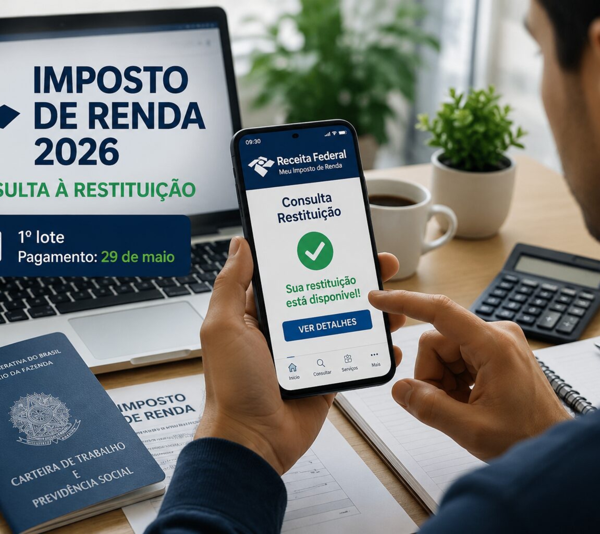Legenda:
Imagem ilustrativa representa contribuinte consultando informações sobre a restituição do Imposto de Renda 2026 por meio do celular.

Crédito da imagem:
Imagem ilustrativa gerada por IA.