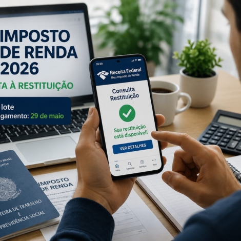 Legenda:
Imagem ilustrativa representa contribuinte consultando informações sobre a restituição do Imposto de Renda 2026 por meio do celular.

Crédito da imagem:
Imagem ilustrativa gerada por IA.