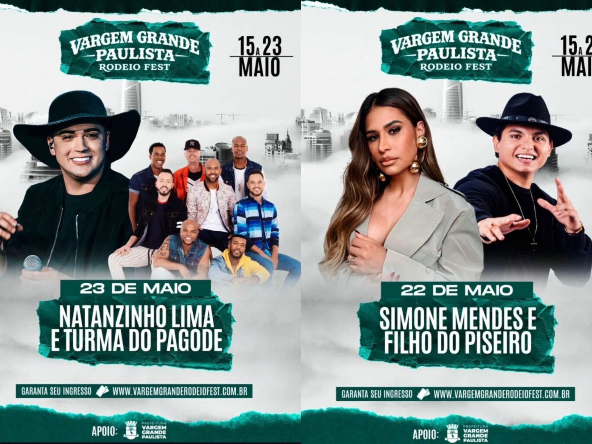 Programação oficial da segunda semana do VGP Rodeio Fest 2026 promete agitar Vargem Grande Paulista com grandes atrações nacionais nos dias 22 e 23 de maio. Simone Mendes e Filho do Piseiro comandam a festa na sexta-feira, enquanto Nathanzinho Lima e Turma do Pagode encerram o evento em grande estilo no sábado. 

Arte: Divulgação