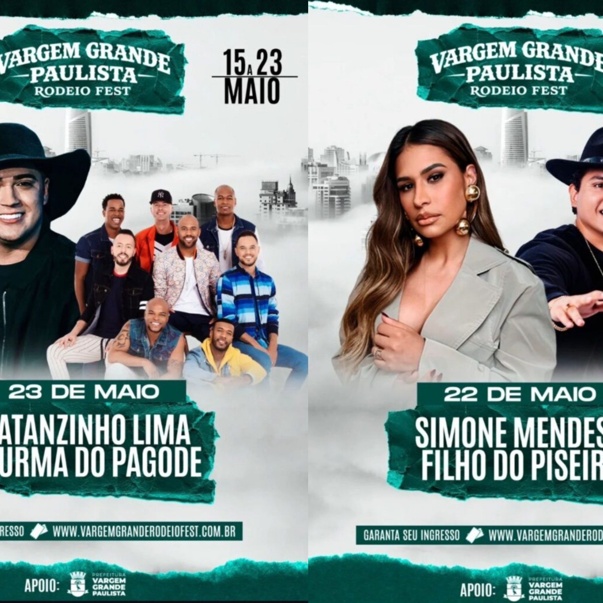 Programação oficial da segunda semana do VGP Rodeio Fest 2026 promete agitar Vargem Grande Paulista com grandes atrações nacionais nos dias 22 e 23 de maio. Simone Mendes e Filho do Piseiro comandam a festa na sexta-feira, enquanto Nathanzinho Lima e Turma do Pagode encerram o evento em grande estilo no sábado. 

Arte: Divulgação