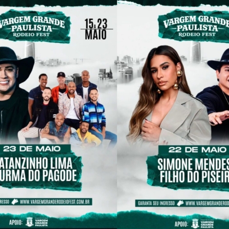 Programação oficial da segunda semana do VGP Rodeio Fest 2026 promete agitar Vargem Grande Paulista com grandes atrações nacionais nos dias 22 e 23 de maio. Simone Mendes e Filho do Piseiro comandam a festa na sexta-feira, enquanto Nathanzinho Lima e Turma do Pagode encerram o evento em grande estilo no sábado. 

Arte: Divulgação