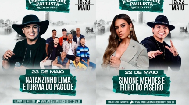 Programação oficial da segunda semana do VGP Rodeio Fest 2026 promete agitar Vargem Grande Paulista com grandes atrações nacionais nos dias 22 e 23 de maio. Simone Mendes e Filho do Piseiro comandam a festa na sexta-feira, enquanto Nathanzinho Lima e Turma do Pagode encerram o evento em grande estilo no sábado. 

Arte: Divulgação