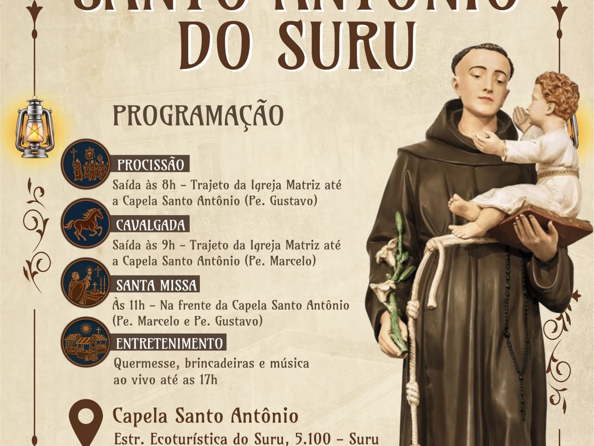 Evento acontece no dia 14 de junho e reúne procissão, cavalgada, missa, quermesse e atrações para toda a família.

Crédito: Prefeitura De Santana De Parnaíba (Redes Sociais/Reprodução)