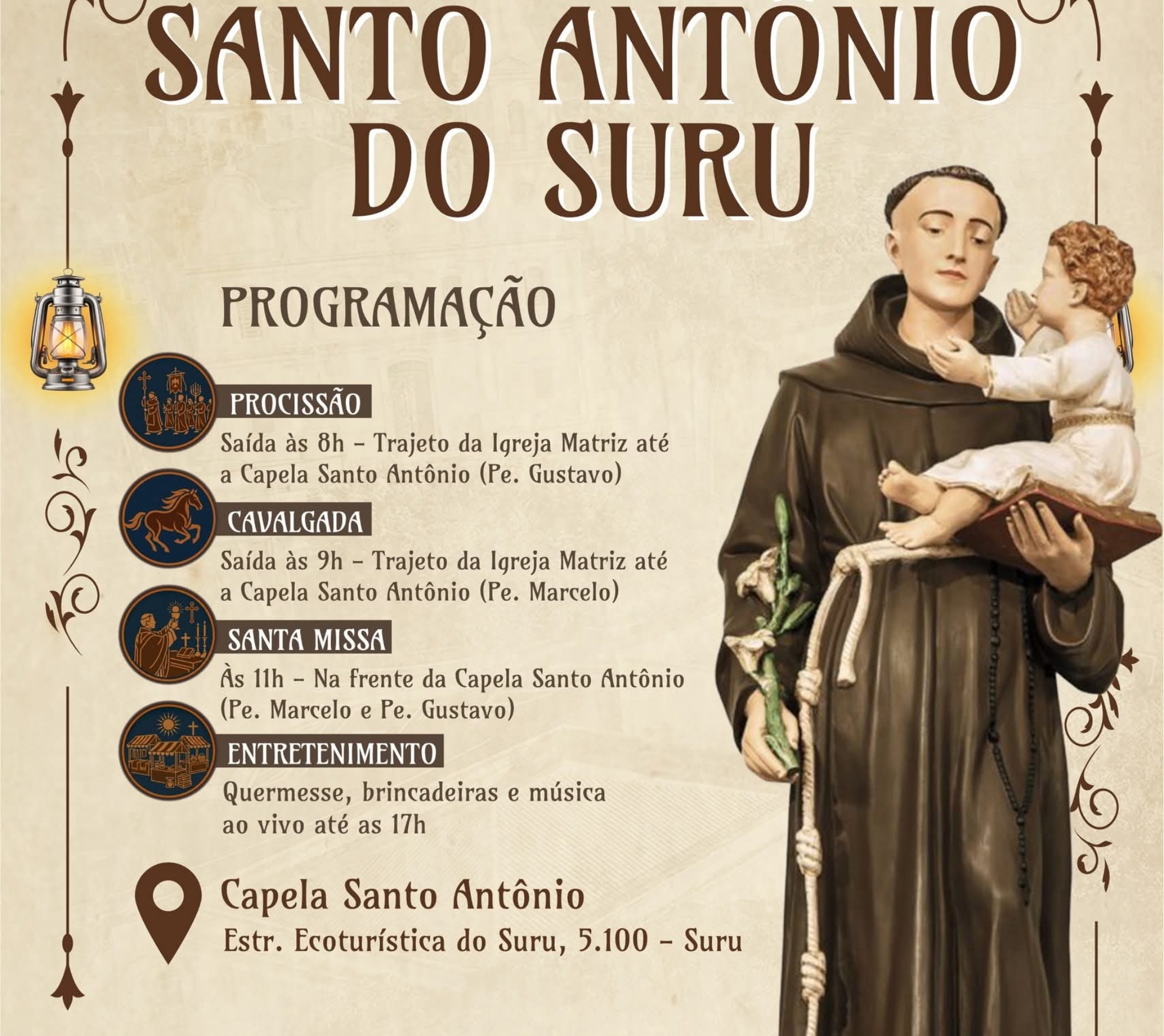 Evento acontece no dia 14 de junho e reúne procissão, cavalgada, missa, quermesse e atrações para toda a família.

Crédito: Prefeitura De Santana De Parnaíba (Redes Sociais/Reprodução)