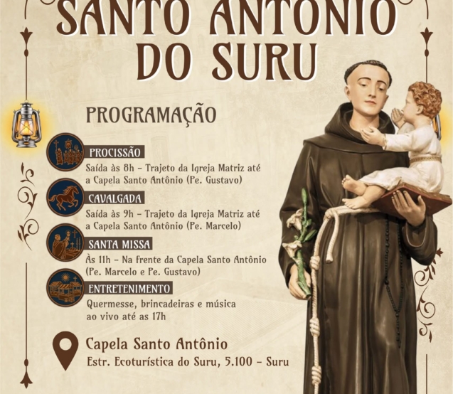 Evento acontece no dia 14 de junho e reúne procissão, cavalgada, missa, quermesse e atrações para toda a família.

Crédito: Prefeitura De Santana De Parnaíba (Redes Sociais/Reprodução)