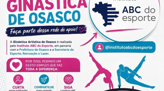 Material de divulgação da campanha institucional do Instituto ABC do Esporte, entidade responsável pelo desenvolvimento dos projetos de Ginástica Artística de Osasco em parceria com a Prefeitura de Osasco e a Secretaria de Esporte, Recreação e Lazer (SEREL). A ação busca ampliar o engajamento da comunidade e fortalecer a rede de apoio ao esporte no município.
Crédito: Ginástica Artística Osasco (Redes Sociais / Reprodução)