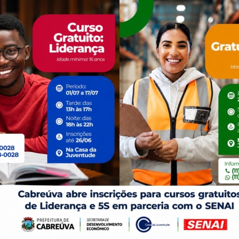 Inscrições abertas para os cursos gratuitos de Liderança e 5S, oferecidos pela Prefeitura de Cabreúva em parceria com o SENAI.

Crédito: Prefeitura De Cabreúva (Redes Sociais/Reprodução)