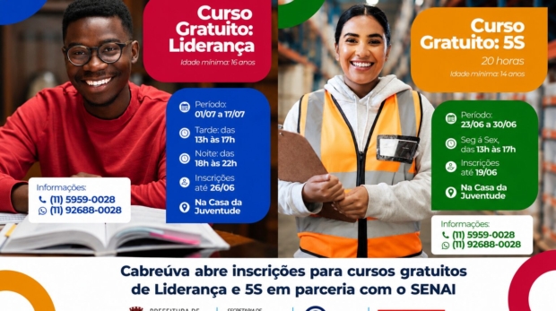 Inscrições abertas para os cursos gratuitos de Liderança e 5S, oferecidos pela Prefeitura de Cabreúva em parceria com o SENAI.

Crédito: Prefeitura De Cabreúva (Redes Sociais/Reprodução)