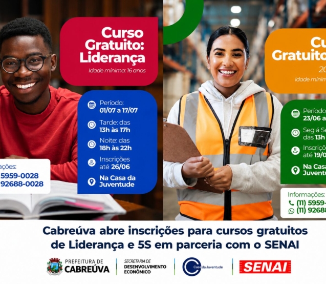 Inscrições abertas para os cursos gratuitos de Liderança e 5S, oferecidos pela Prefeitura de Cabreúva em parceria com o SENAI.

Crédito: Prefeitura De Cabreúva (Redes Sociais/Reprodução)