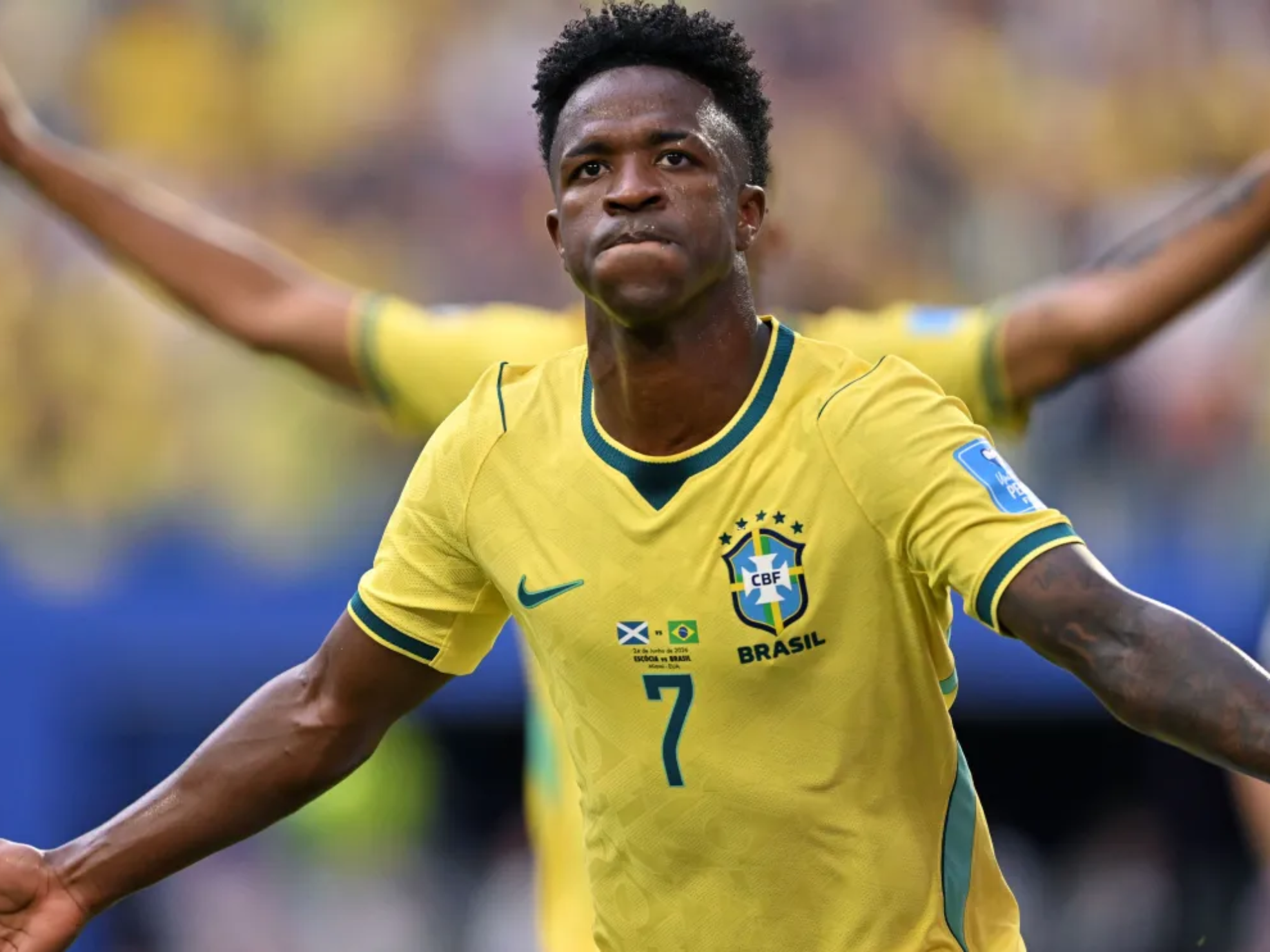 Vini Jr. comemora gol do Brasil sobre a Escócia • Image Photo Agency/Getty Images/Via Fifa