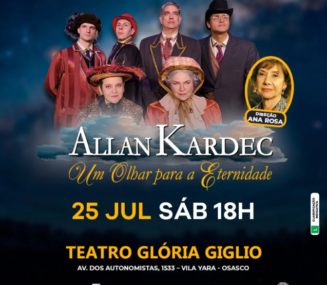 O espetáculo "Allan Kardec – Um Olhar para a Eternidade" desembarca em Caraguatatuba levando ao público uma emocionante viagem pela vida e obra do codificador da Doutrina Espírita. Com direção de Ana Rosa e atuação de Rogério Fabiano, a montagem é reconhecida nacionalmente pelo sucesso de público e pela excelência artística.