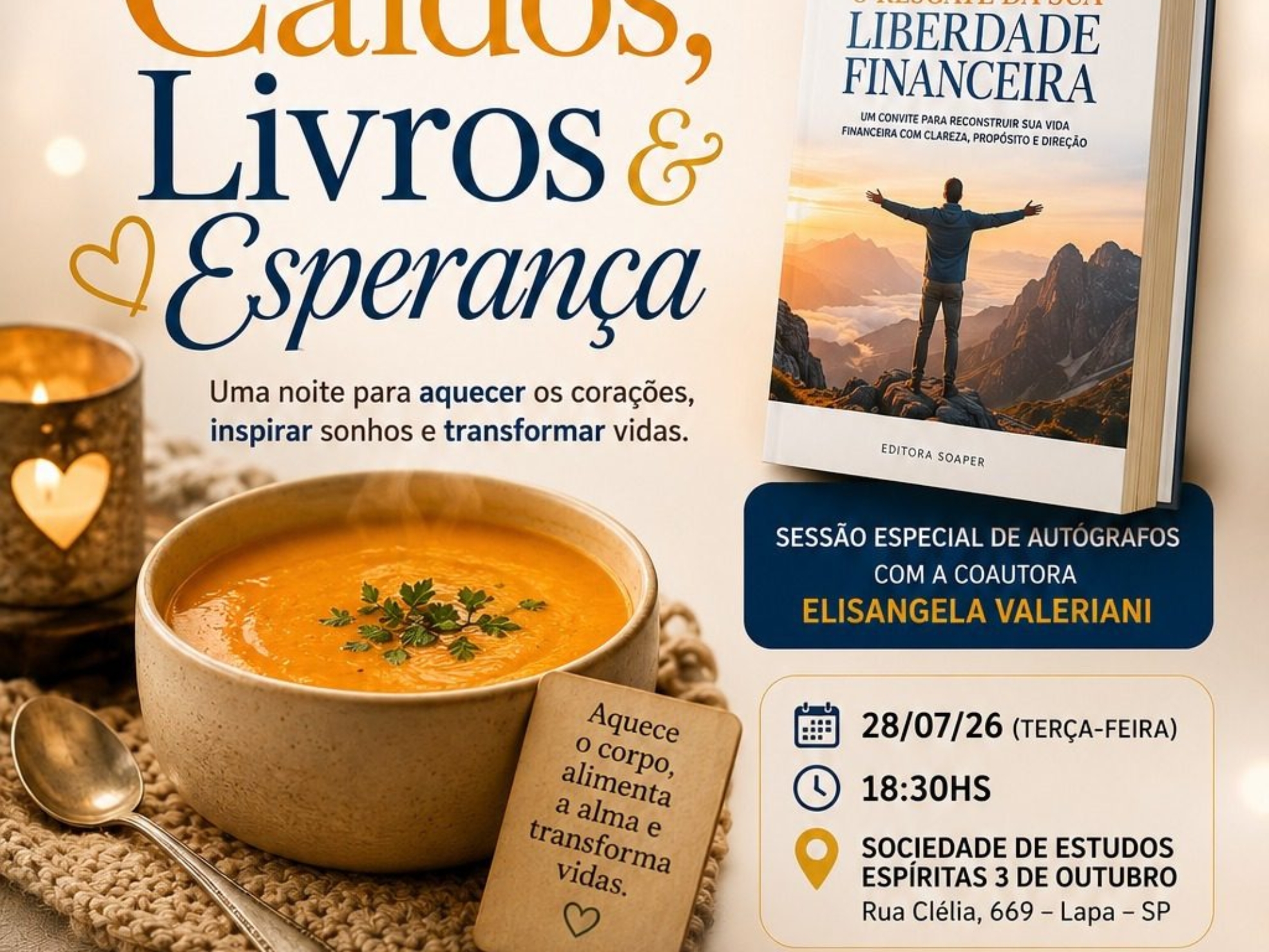 Uma noite para aquecer o coração: literatura, sabores especiais e solidariedade se encontram em um evento que promete fazer a diferença.

Crédito: Divulgação