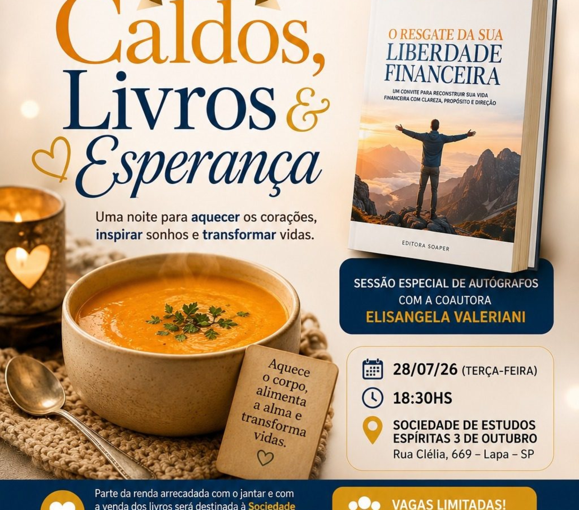 Uma noite para aquecer o coração: literatura, sabores especiais e solidariedade se encontram em um evento que promete fazer a diferença.

Crédito: Divulgação