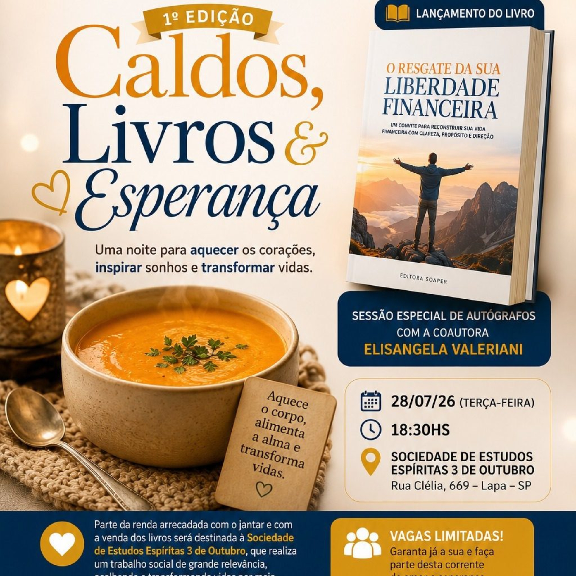 Uma noite para aquecer o coração: literatura, sabores especiais e solidariedade se encontram em um evento que promete fazer a diferença.

Crédito: Divulgação