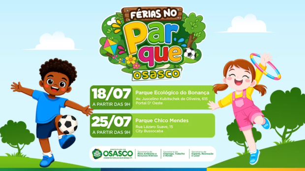 O programa Férias no Parque, promovido pela Prefeitura de Osasco, oferece uma programação gratuita com oficinas, jogos, esportes, educação ambiental e diversas atrações para crianças e famílias nos parques Ecológico do Bonança e Chico Mendes.
Crédito: Arquivo Secom