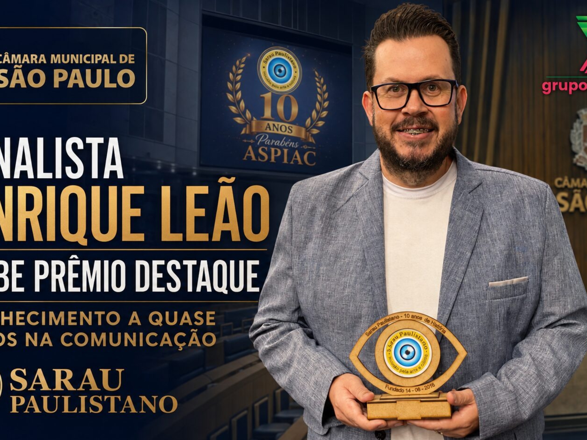 O jornalista Henrique Leão, fundador e CEO do Grupo Expressão de Comunicação, recebe o Prêmio Destaque durante cerimônia realizada na Câmara Municipal de São Paulo.

Crédito: Divulgação