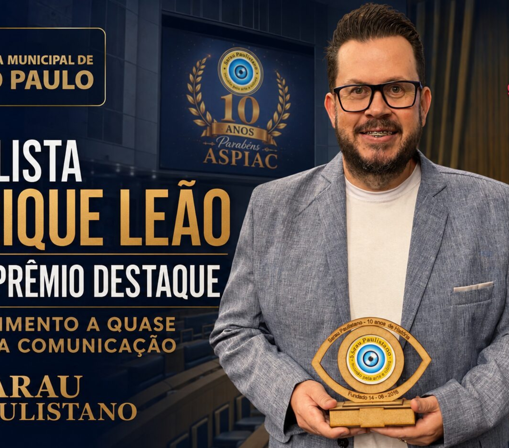 O jornalista Henrique Leão, fundador e CEO do Grupo Expressão de Comunicação, recebe o Prêmio Destaque durante cerimônia realizada na Câmara Municipal de São Paulo.

Crédito: Divulgação