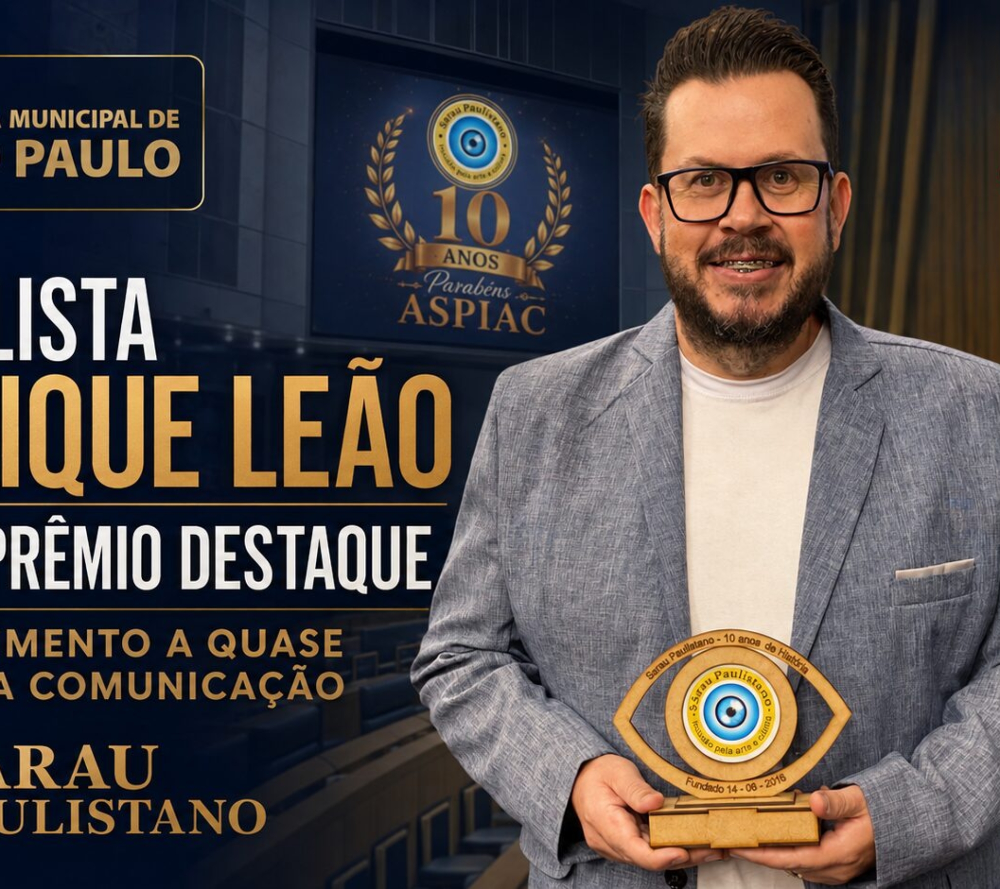 O jornalista Henrique Leão, fundador e CEO do Grupo Expressão de Comunicação, recebe o Prêmio Destaque durante cerimônia realizada na Câmara Municipal de São Paulo.

Crédito: Divulgação