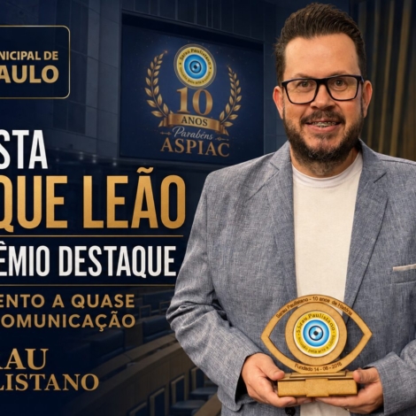 O jornalista Henrique Leão, fundador e CEO do Grupo Expressão de Comunicação, recebe o Prêmio Destaque durante cerimônia realizada na Câmara Municipal de São Paulo.

Crédito: Divulgação