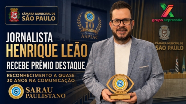 O jornalista Henrique Leão, fundador e CEO do Grupo Expressão de Comunicação, recebe o Prêmio Destaque durante cerimônia realizada na Câmara Municipal de São Paulo.

Crédito: Divulgação