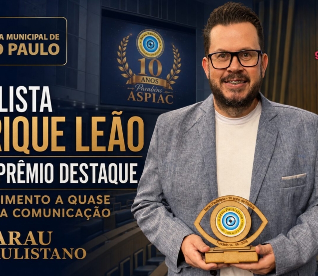 O jornalista Henrique Leão, fundador e CEO do Grupo Expressão de Comunicação, recebe o Prêmio Destaque durante cerimônia realizada na Câmara Municipal de São Paulo.

Crédito: Divulgação