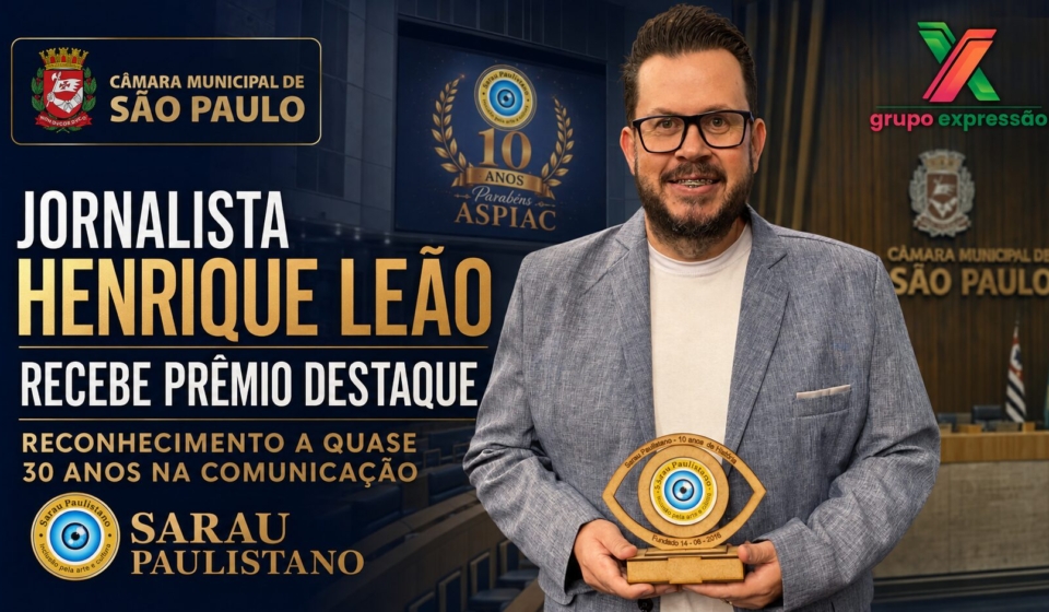 O jornalista Henrique Leão, fundador e CEO do Grupo Expressão de Comunicação, recebe o Prêmio Destaque durante cerimônia realizada na Câmara Municipal de São Paulo.

Crédito: Divulgação