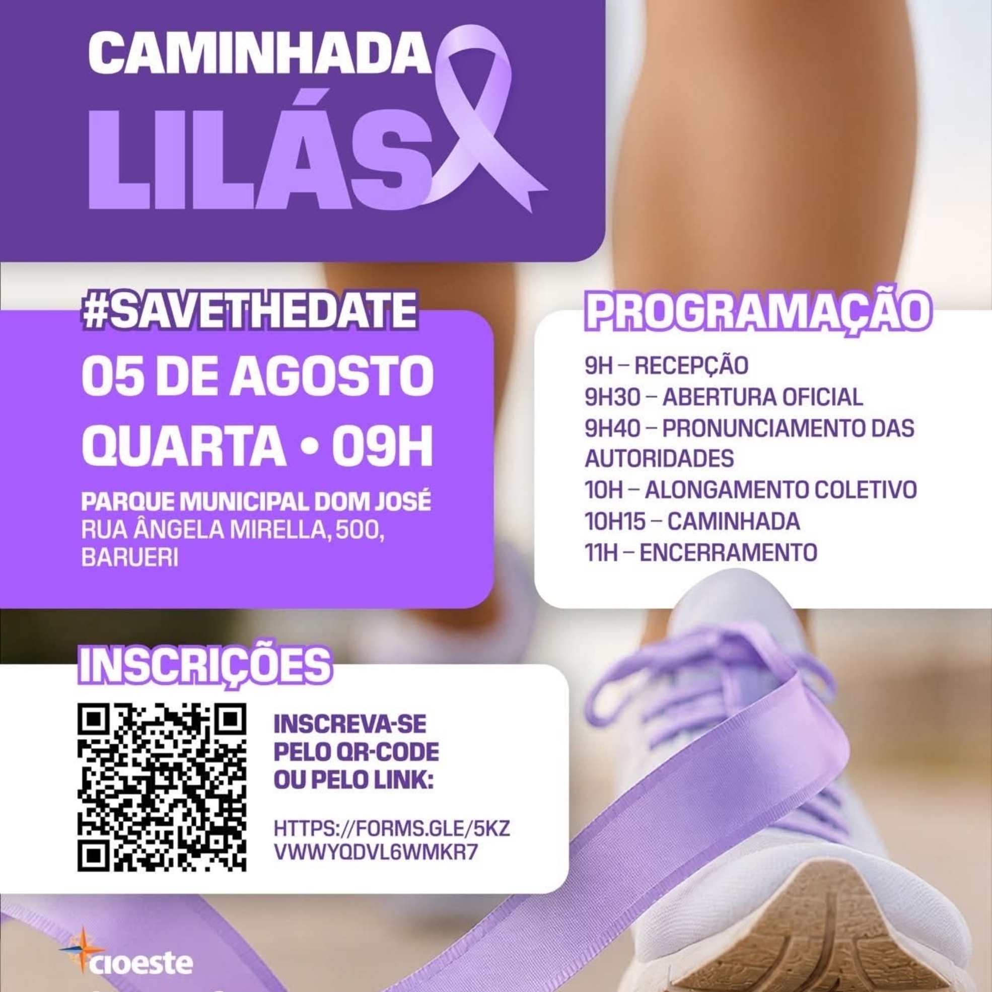 Participantes da Caminhada Lilás se reúnem no Parque Municipal Dom José, em Barueri, para fortalecer a conscientização sobre a prevenção do câncer de colo do útero e incentivar hábitos saudáveis por meio da prática de atividade física e da informação.

Crédito: CIOESTE (Redes Sociais - Reprodução)