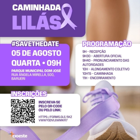 Participantes da Caminhada Lilás se reúnem no Parque Municipal Dom José, em Barueri, para fortalecer a conscientização sobre a prevenção do câncer de colo do útero e incentivar hábitos saudáveis por meio da prática de atividade física e da informação.

Crédito: CIOESTE (Redes Sociais - Reprodução)