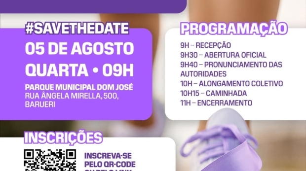 Participantes da Caminhada Lilás se reúnem no Parque Municipal Dom José, em Barueri, para fortalecer a conscientização sobre a prevenção do câncer de colo do útero e incentivar hábitos saudáveis por meio da prática de atividade física e da informação.
Crédito: CIOESTE (Redes Sociais - Reprodução)