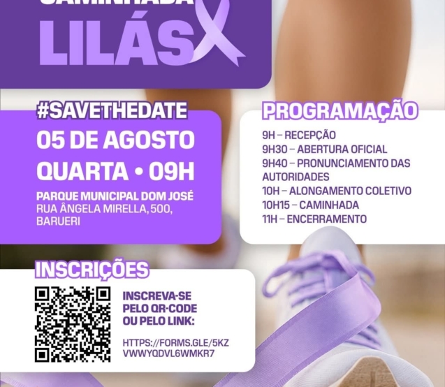 Participantes da Caminhada Lilás se reúnem no Parque Municipal Dom José, em Barueri, para fortalecer a conscientização sobre a prevenção do câncer de colo do útero e incentivar hábitos saudáveis por meio da prática de atividade física e da informação.

Crédito: CIOESTE (Redes Sociais - Reprodução)