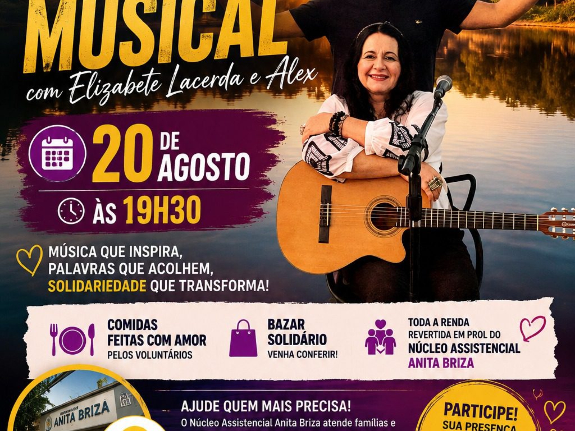 Música, espiritualidade e solidariedade estarão juntas no dia 20 de agosto, na SEETO, em São Paulo, em uma noite especial com Elizabete Lacerda e Alex. A programação ainda contará com gastronomia e Bazar Solidário, fortalecendo as ações do Núcleo Assistencial Anita Briza.

Crédito: Divulgação