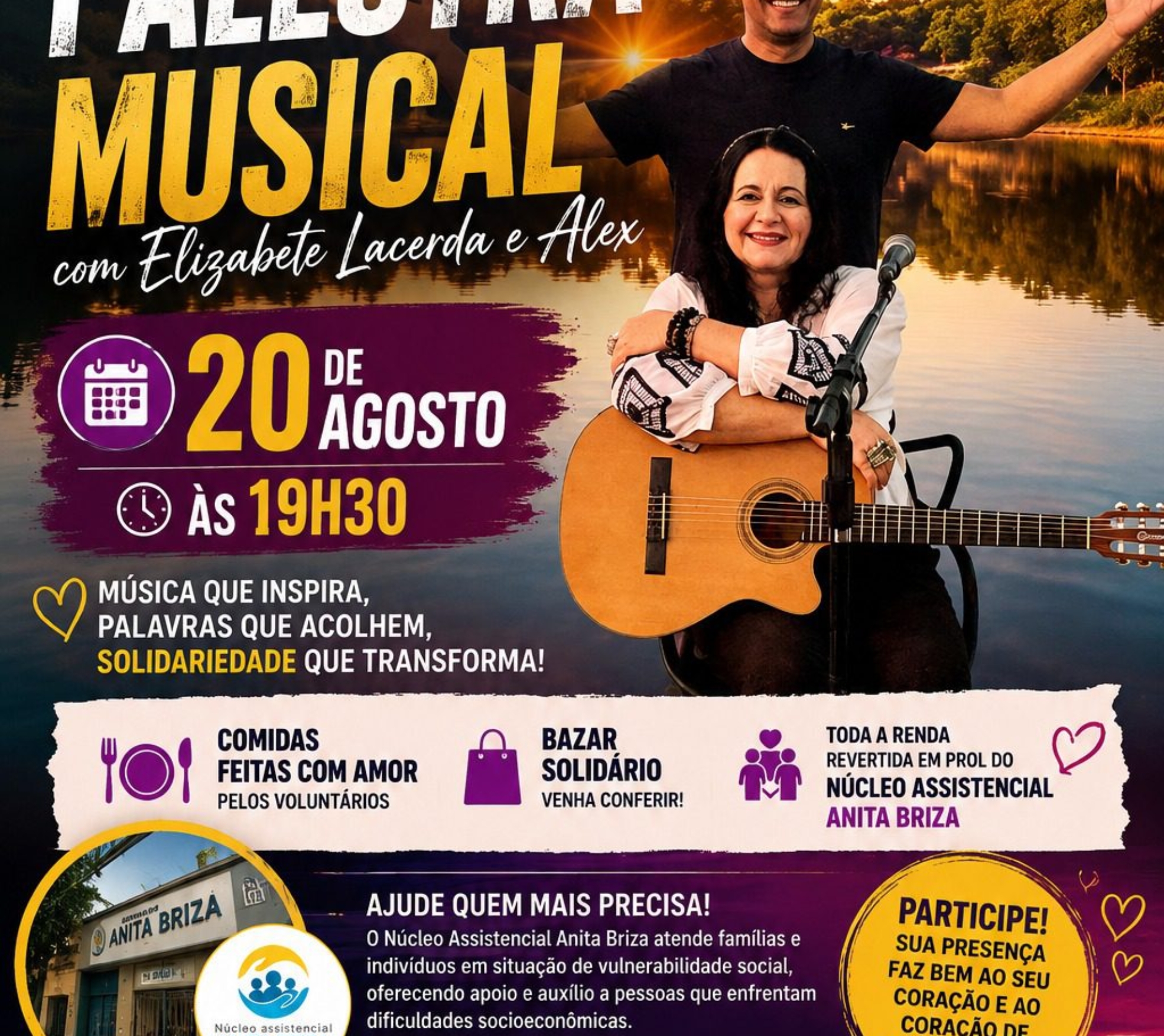 Música, espiritualidade e solidariedade estarão juntas no dia 20 de agosto, na SEETO, em São Paulo, em uma noite especial com Elizabete Lacerda e Alex. A programação ainda contará com gastronomia e Bazar Solidário, fortalecendo as ações do Núcleo Assistencial Anita Briza.

Crédito: Divulgação