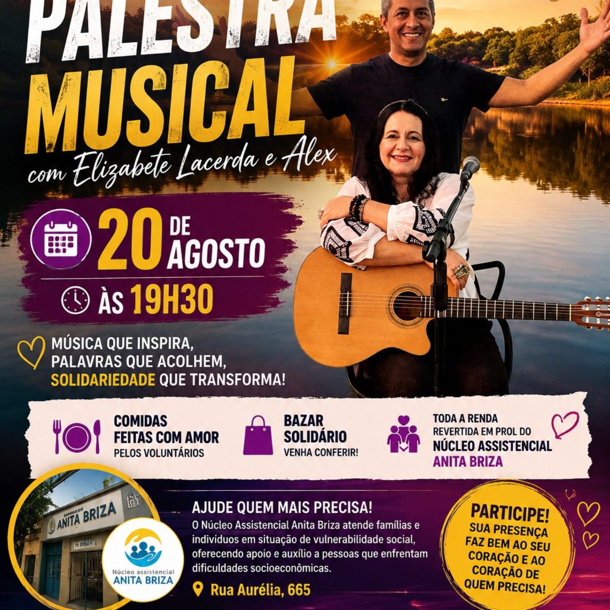 Música, espiritualidade e solidariedade estarão juntas no dia 20 de agosto, na SEETO, em São Paulo, em uma noite especial com Elizabete Lacerda e Alex. A programação ainda contará com gastronomia e Bazar Solidário, fortalecendo as ações do Núcleo Assistencial Anita Briza.

Crédito: Divulgação