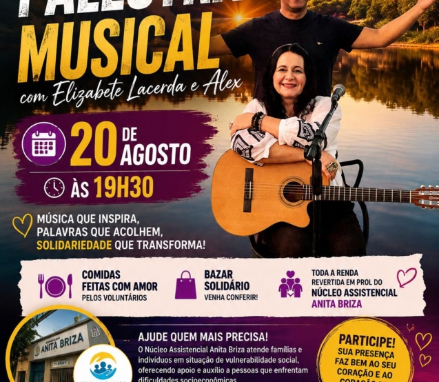 Música, espiritualidade e solidariedade estarão juntas no dia 20 de agosto, na SEETO, em São Paulo, em uma noite especial com Elizabete Lacerda e Alex. A programação ainda contará com gastronomia e Bazar Solidário, fortalecendo as ações do Núcleo Assistencial Anita Briza.

Crédito: Divulgação