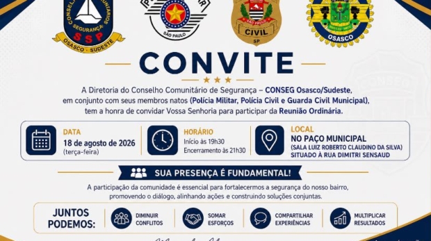 CONSEG Osasco/Sudeste realiza reunião ordinária nesta terça-feira (18), no Paço Municipal, com participação da comunidade e representantes da Polícia Militar, Polícia Civil e Guarda Civil Municipal.
Crédito da imagem: Divulgação/CONSEG Osasco-Sudeste