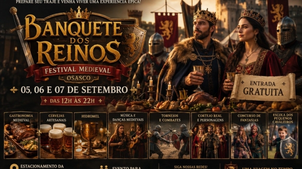 Banquete dos Reinos promete transformar o Centro de Osasco em um cenário medieval durante o feriado de 7 de Setembro.
Crédito: Divulgação