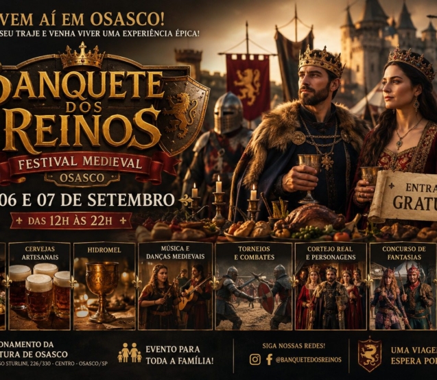 Banquete dos Reinos promete transformar o Centro de Osasco em um cenário medieval durante o feriado de 7 de Setembro.

Crédito: Divulgação