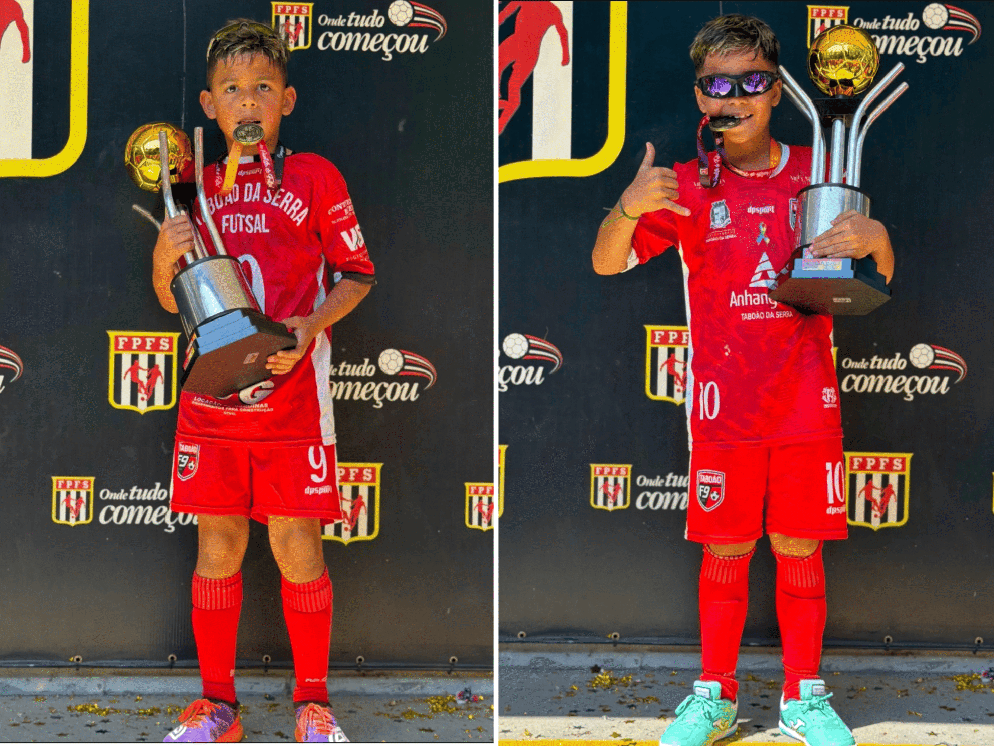 Maycon Madaschi e Thalles Tesouro comemoram o título paulista de futsal Sub-09 – Série Prata, conquistado pelo Instituto Taboão F9 em 2026.

Crédito: Divulgação