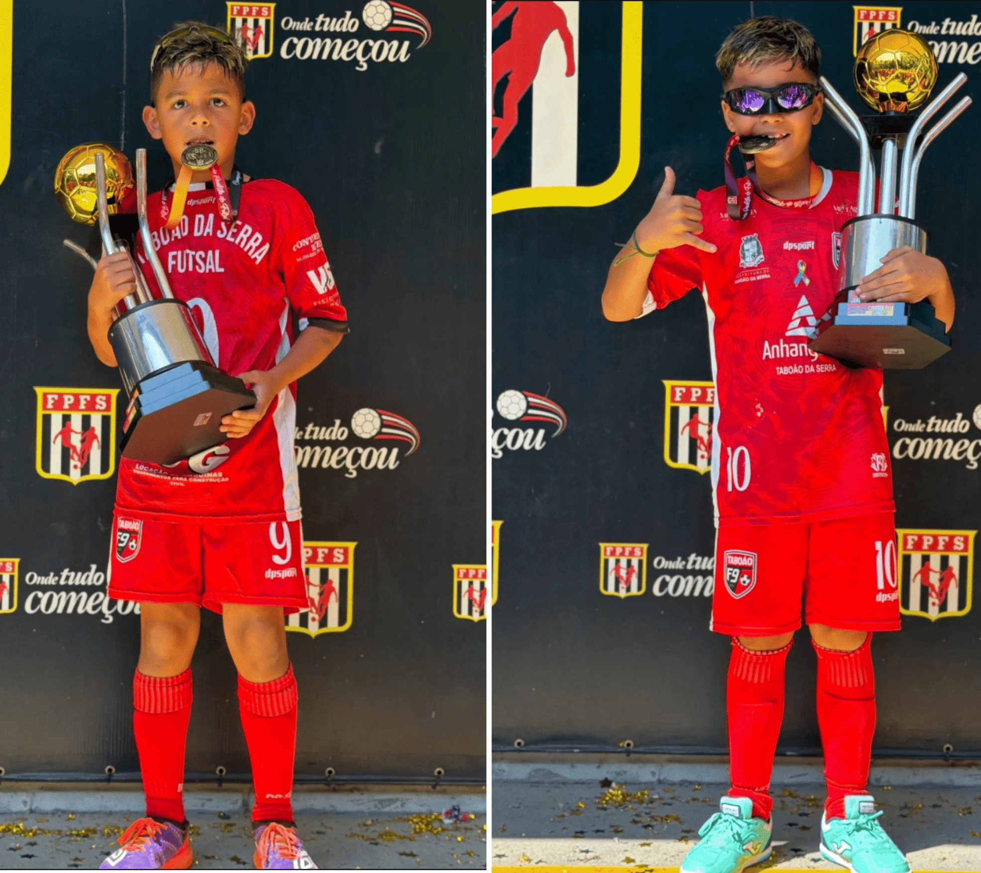 Maycon Madaschi e Thalles Tesouro comemoram o título paulista de futsal Sub-09 – Série Prata, conquistado pelo Instituto Taboão F9 em 2026.

Crédito: Divulgação