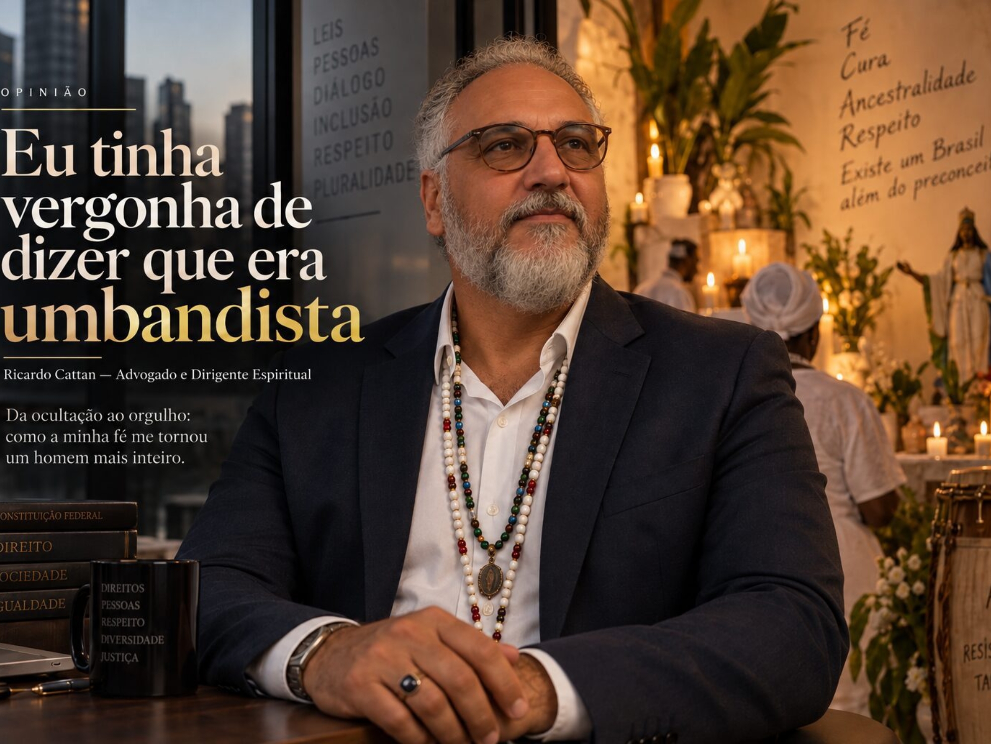 Ricardo Cattan, advogado da Almeida Prado Cattan Advocacia e dirigente espiritual do TUVLA – Templo de Umbanda Vô Lázaro de Aruanda, compartilha uma experiência pessoal sobre o período em que escondia sua identidade religiosa por medo do julgamento e reflete sobre preconceito, liberdade religiosa e o direito de assumir sua fé.

Crédito: Divulgação