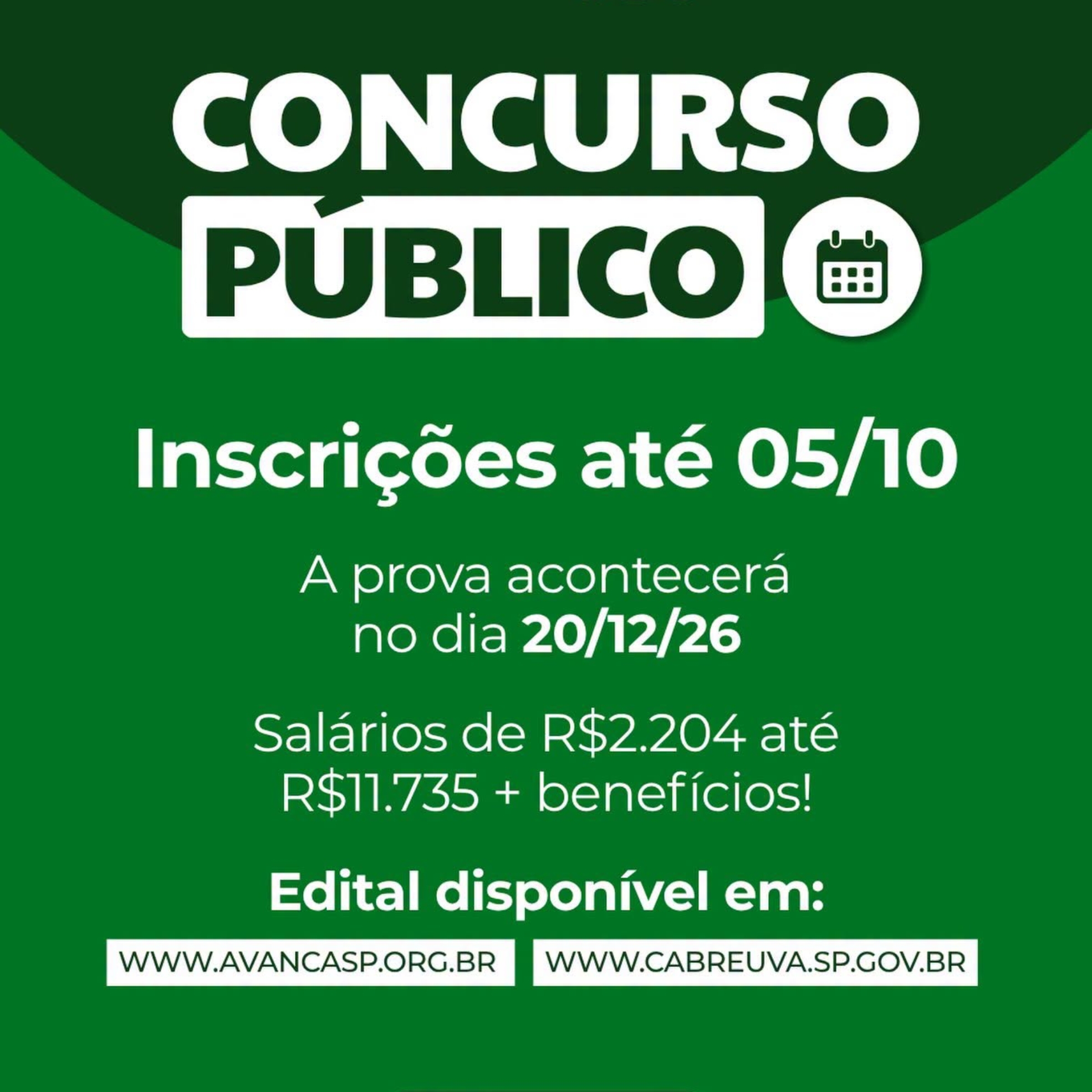 Prefeitura de Cabreúva está com inscrições abertas para Concurso Público 2026, que oferece oportunidades em 14 cargos e formação de cadastro reserva. Crédito: Divulgação.
