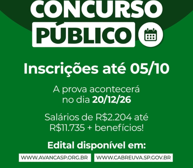 Prefeitura de Cabreúva está com inscrições abertas para Concurso Público 2026, que oferece oportunidades em 14 cargos e formação de cadastro reserva. Crédito: Divulgação.